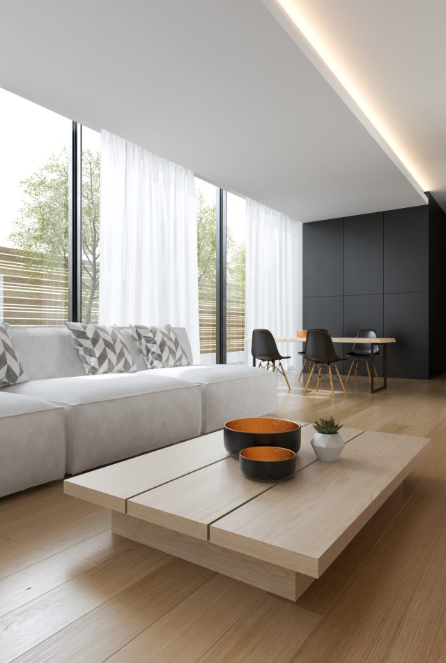 Interior of modern living room with sofa and furniture 3 D rendering